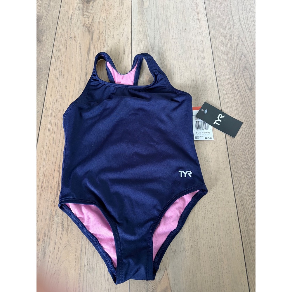 TYR Girls Solid Maxfit One Piece Swimsuit Navy Blue Pink Size S 6 6X MGSO7Y